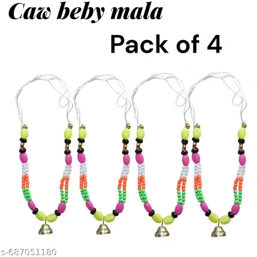 Pack of 4 Traditional Handmade Multicolour Beaded Caw Beby Mala Set with Brass Bells |Festive Decorative Necklaces for Cow Worship, Pooja Ceremonies, and Religious Festivals image 1