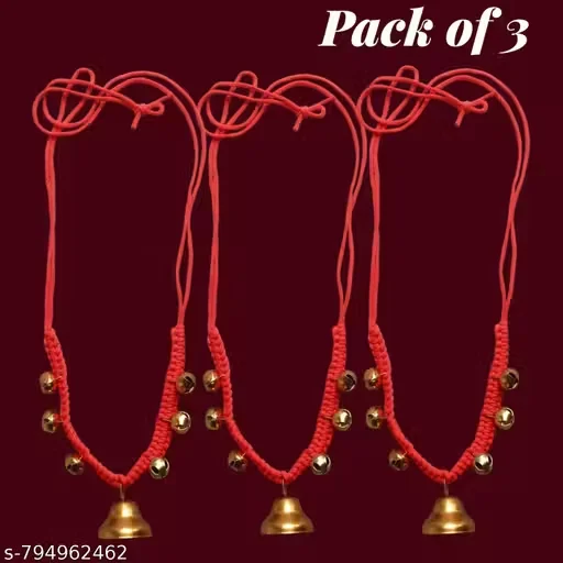 Traditional Cow Bell Necklace Set | Red Braided Brass Ghanti Shringar Mala for Cows, Calves & Bullocks| Pack of 3 image 1