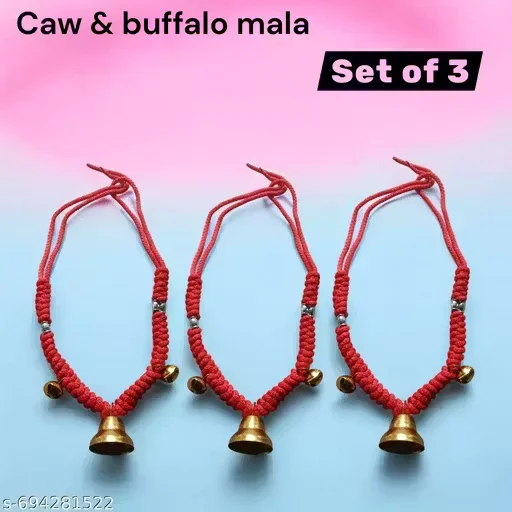 Pack of 3 Traditional Red Woven Cow and Buffalo Mala with Brass Bells and Ghungroo Livestock Decoration Necklaces for Farm Animals Durable Braided Nylon Neck Chain Set for Cattle Festive Decoration image 1