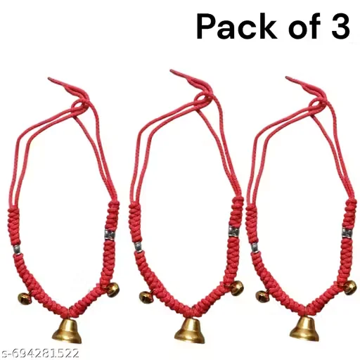 Set of 3 Traditional Handmade Red Braided Livestock Malas |Authentic Brass Bell Decorative Necklaces for Cows and Buffaloes image 2