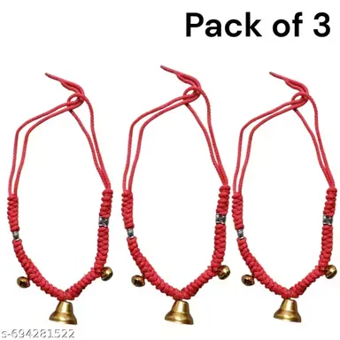 Set of 3 Traditional Handmade Red Braided Livestock Malas |Authentic Brass Bell Decorative Necklaces for Cows and Buffaloes thumbnail 1