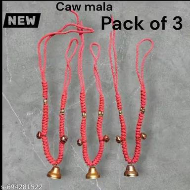 Set of 3 Traditional Handmade Red Braided Livestock Malas |Authentic Brass Bell Decorative Necklaces for Cows and Buffaloes thumbnail 3