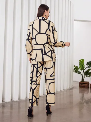 Women's Premium Cotton Abstract Geometric Print Co-Ord Set |Longline Button-Down Tunic Shirt & Straight-Fit Trousers | Contemporary Two-Piece Western Lounge & Workwear Suit thumbnail 1