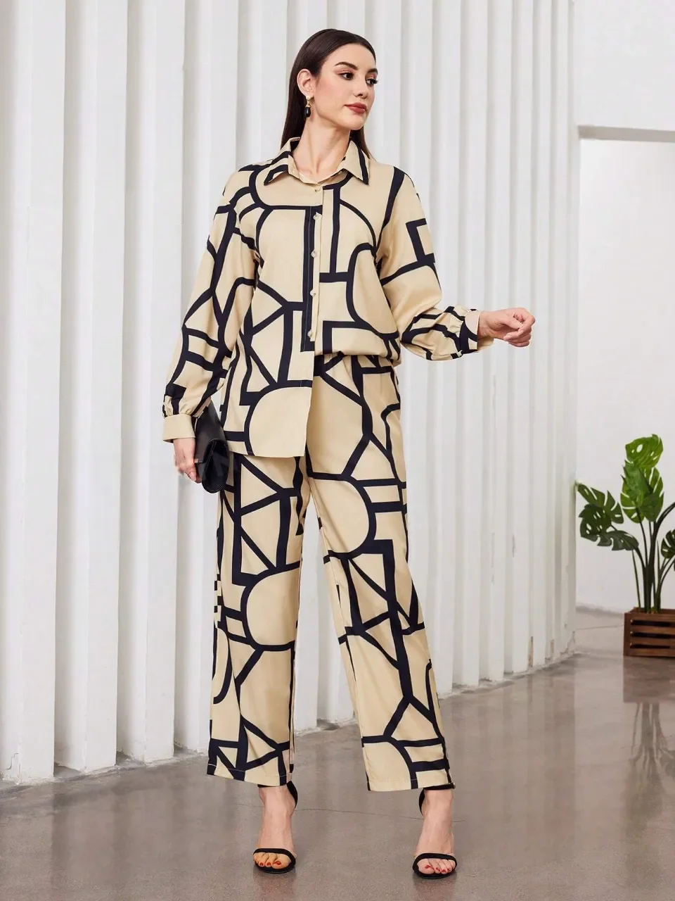 Women's Premium Cotton Abstract Geometric Print Co-Ord Set |Longline Button-Down Tunic Shirt & Straight-Fit Trousers | Contemporary Two-Piece Western Lounge & Workwear Suit image 3