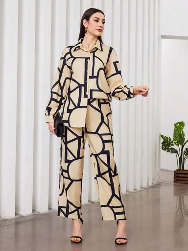 Women's Premium Cotton Abstract Geometric Print Co-Ord Set |Longline Button-Down Tunic Shirt & Straight-Fit Trousers | Contemporary Two-Piece Western Lounge & Workwear Suit thumbnail 2