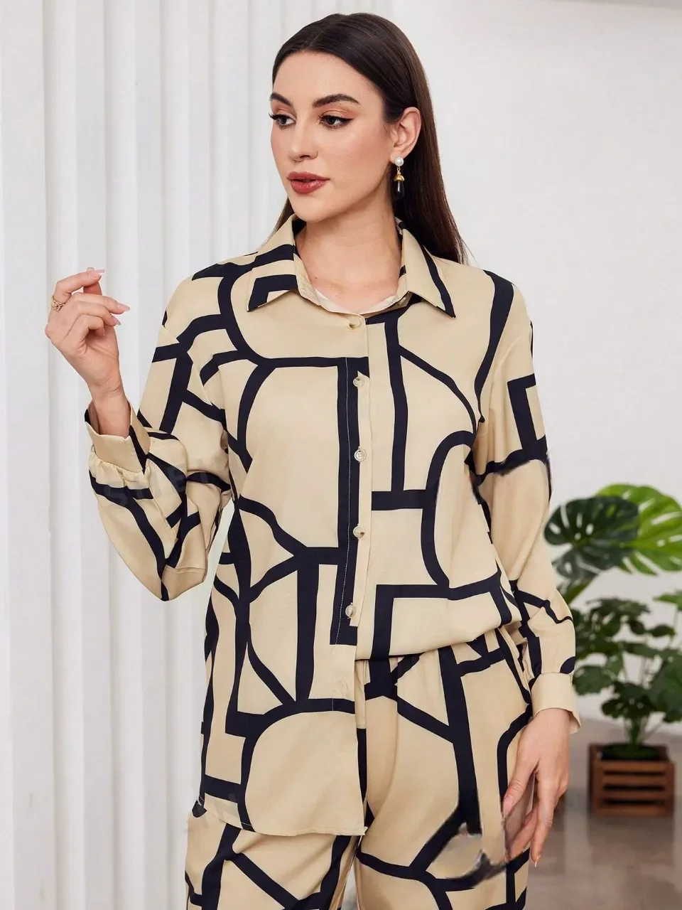 Women's Premium Cotton Abstract Geometric Print Co-Ord Set |Longline Button-Down Tunic Shirt & Straight-Fit Trousers | Contemporary Two-Piece Western Lounge & Workwear Suit image 4