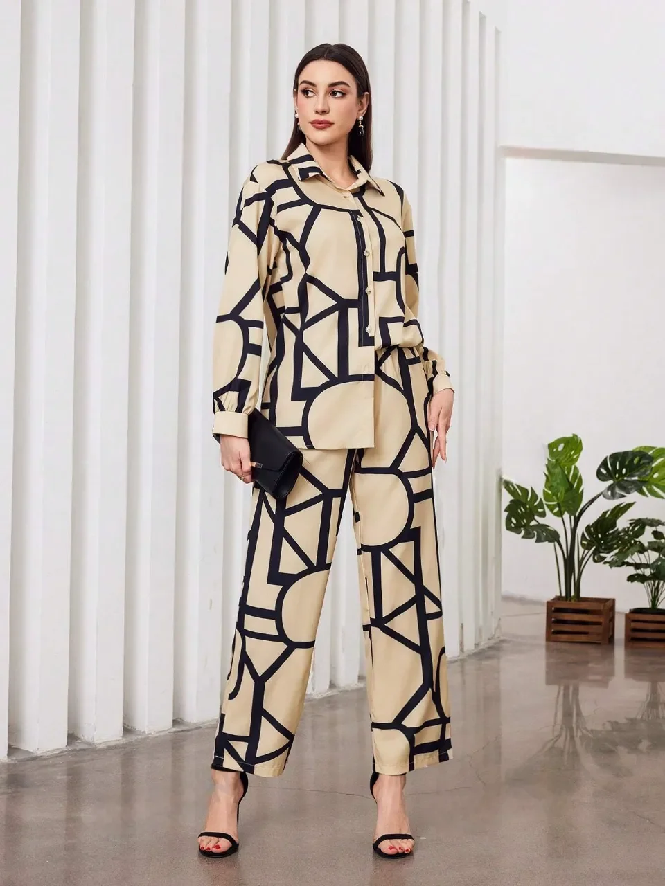 Women's Premium Cotton Abstract Geometric Print Co-Ord Set |Longline Button-Down Tunic Shirt & Straight-Fit Trousers | Contemporary Two-Piece Western Lounge & Workwear Suit image 5