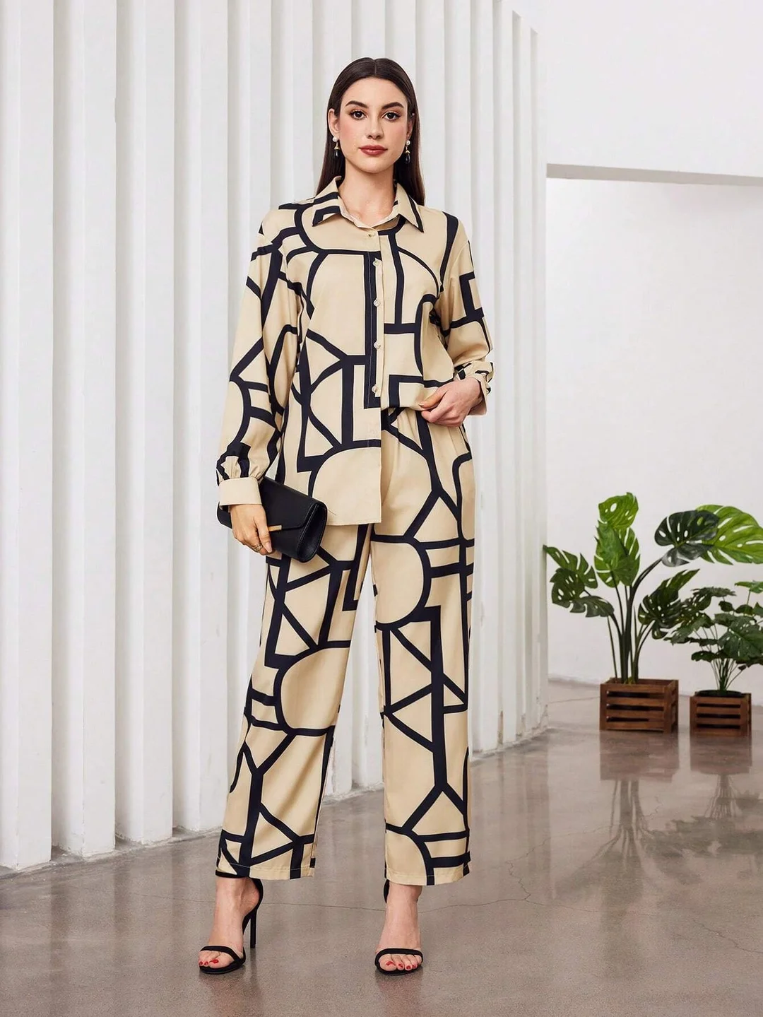 Women's Premium Cotton Abstract Geometric Print Co-Ord Set |Longline Button-Down Tunic Shirt & Straight-Fit Trousers | Contemporary Two-Piece Western Lounge & Workwear Suit image 1