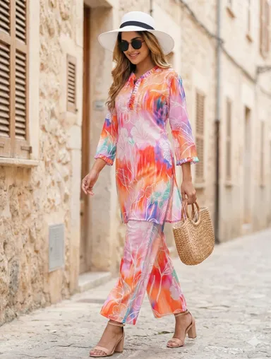 Vibrant Orange Multi Colour Floral Print Women’s Chiffon Co-ord Set with Long Tunic Kurti and Wide Leg Trousers Summer Beach Wear Two Piece Indo Western Outfit for Weddings and Casual Outings thumbnail 1