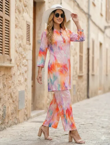 Vibrant Orange Multi Colour Floral Print Women’s Chiffon Co-ord Set with Long Tunic Kurti and Wide Leg Trousers Summer Beach Wear Two Piece Indo Western Outfit for Weddings and Casual Outings thumbnail 2