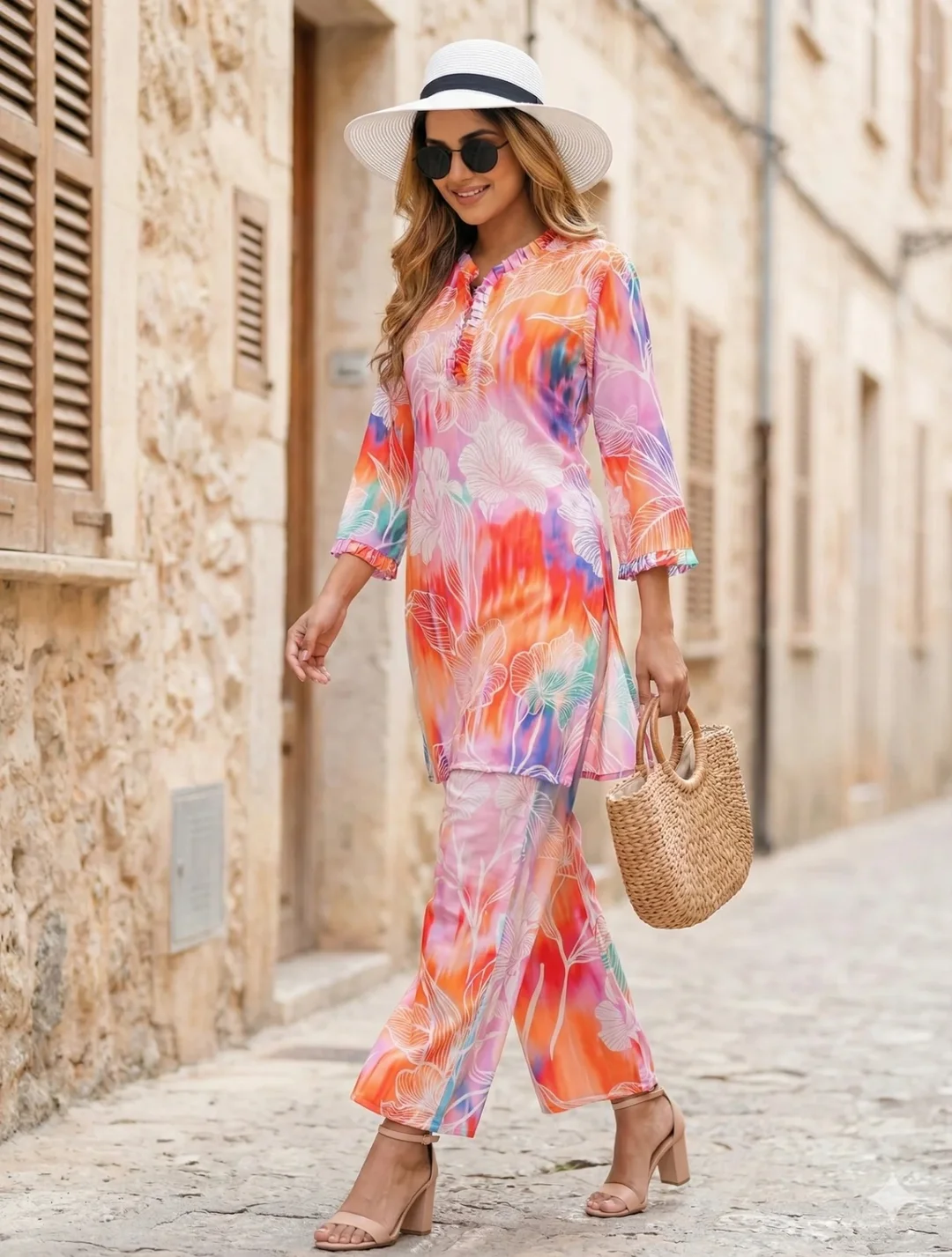 Vibrant Orange Multi Colour Floral Print Women’s Chiffon Co-ord Set with Long Tunic Kurti and Wide Leg Trousers Summer Beach Wear Two Piece Indo Western Outfit for Weddings and Casual Outings image 4