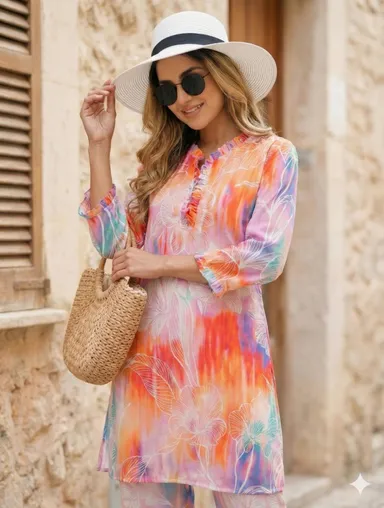Vibrant Orange Multi Colour Floral Print Women’s Chiffon Co-ord Set with Long Tunic Kurti and Wide Leg Trousers Summer Beach Wear Two Piece Indo Western Outfit for Weddings and Casual Outings thumbnail 4