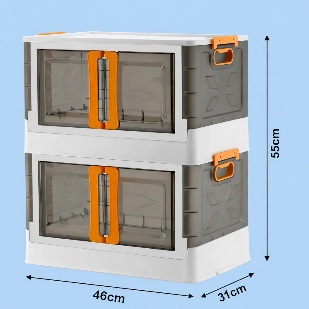 2 Tier Stackable Plastic Storage Cabinet with Transparent Front Opening Door and Top Lid, Foldable Clothes Organizer Box for Wardrobe, Bedroom and Living Room, Space Saving Modular Cupboard for Clothes, Bedding and Household Items image 1