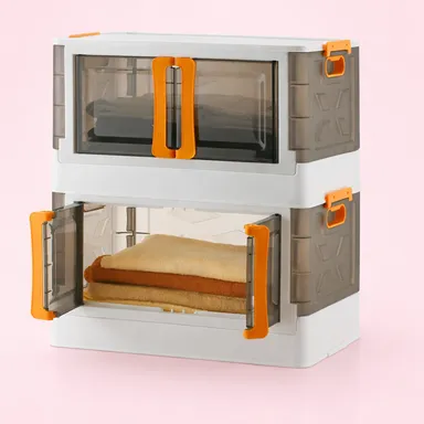 2 Layer Foldable Wardrobe Storage Box with Clear Front Door Heavy Duty Plastic Clothes Organizer Cabinet Stackable Space Saving Cupboard for Sarees Blankets Toys Wardrobe Storage Unit for Bedroom Hostel Home thumbnail 1