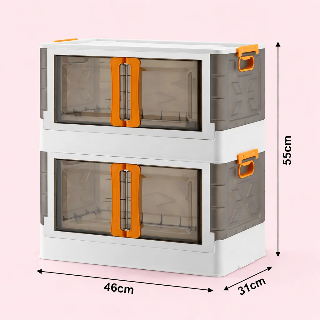 2 Layer Foldable Wardrobe Storage Box with Clear Front Door Heavy Duty Plastic Clothes Organizer Cabinet Stackable Space Saving Cupboard for Sarees Blankets Toys Wardrobe Storage Unit for Bedroom Hostel Home image 1