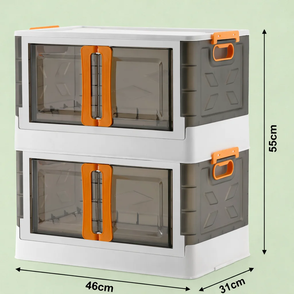 2 Tier Plastic Storage Organizer Cabinet with Lid and Front Door Access Foldable Stackable Clothes Storage Box for Wardrobe Bedroom Toy Storage Large Capacity Modular Cupboard Space Saving Household Organizer image 1