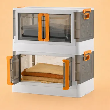 2 Layer Multi Purpose Plastic Storage Box with Transparent Door and Stackable Design, Foldable Wardrobe Organizer Cabinet for Clothes, Blankets and Kitchen Storage, Space Saving Home Cupboard Solution for Modern Indian Homes thumbnail 1
