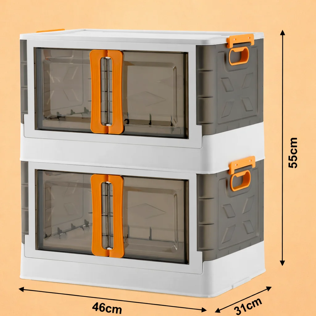 2 Layer Multi Purpose Plastic Storage Box with Transparent Door and Stackable Design, Foldable Wardrobe Organizer Cabinet for Clothes, Blankets and Kitchen Storage, Space Saving Home Cupboard Solution for Modern Indian Homes image 1