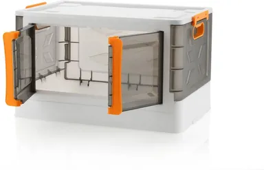 2 Layer Foldable Plastic Storage Box Cabinet with Front Door and Lid, Stackable Wardrobe Organizer for Clothes Blankets Toys, Heavy Duty Modular Cupboard Storage Unit Space Saving Home Organizer Grey White Orange Handle thumbnail 2