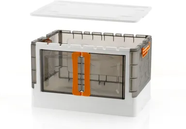 2 Layer Foldable Plastic Storage Box Cabinet with Front Door and Lid, Stackable Wardrobe Organizer for Clothes Blankets Toys, Heavy Duty Modular Cupboard Storage Unit Space Saving Home Organizer Grey White Orange Handle thumbnail 4