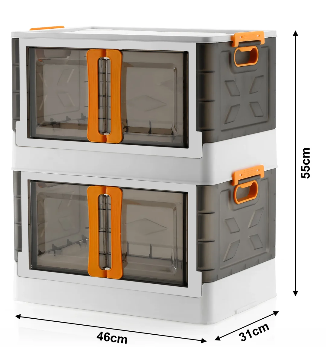 2 Layer Foldable Plastic Storage Box Cabinet with Front Door and Lid, Stackable Wardrobe Organizer for Clothes Blankets Toys, Heavy Duty Modular Cupboard Storage Unit Space Saving Home Organizer Grey White Orange Handle image 1