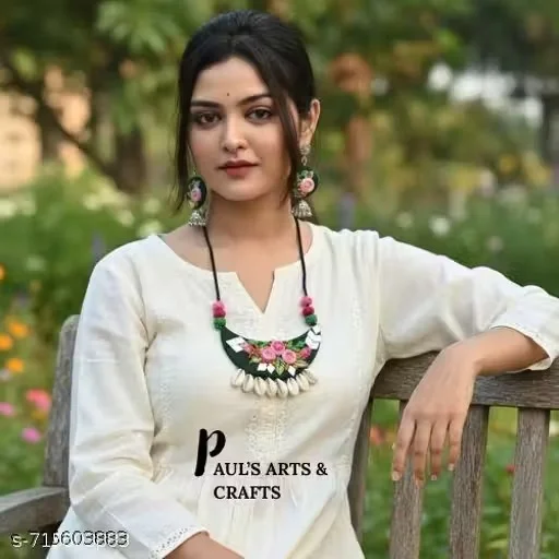 Handmade Embroidery Jewellery Set for Women – Ethnic Thread Work Necklace and Earrings Set, Traditional Fabric Jewellery for Festivals, Weddings and Party Wear India image 1