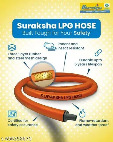 LPG Kitchen Gas Pipe 1.5 Meter ISI Certified Rubber LPG Hose with 2 Free Stainless Steel Clamps High Pressure Leak Resistant Flexible Gas Tube for Home Kitchen Stove Cylinder Connection India thumbnail 1