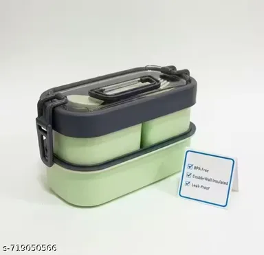 Premium Double Decker Lunch Box with 3 Detachable Containers 2 Spoons Airtight BPA‑Free Plastic Tiffin Box for Office School Outdoor Carry Backpack Multi Colour 1.4L thumbnail 2