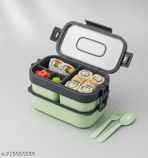 Premium Double Decker Lunch Box with 3 Detachable Containers 2 Spoons Airtight BPA‑Free Plastic Tiffin Box for Office School Outdoor Carry Backpack Multi Colour 1.4L image 1