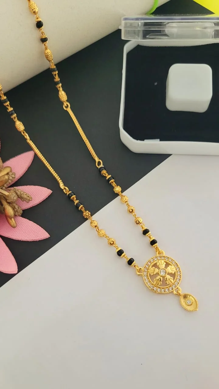 Gold Plated Modern Fan Motif Mangalsutra Necklace for Women | American Diamond Studded Tanmaniya | Short Black Bead Chain Daily Wear Ethnic Jewelry image 1