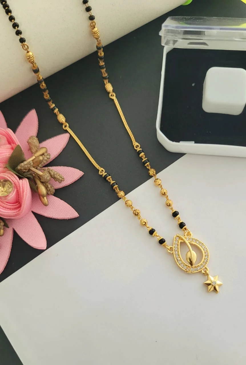 Gold Plated Modern American Diamond Mangalsutra Necklace for Women | Contemporary Fan & Floral Motif Tanmaniya Pendant | Short Black Bead Chain Daily Wear Ethnic Jewelry image 1