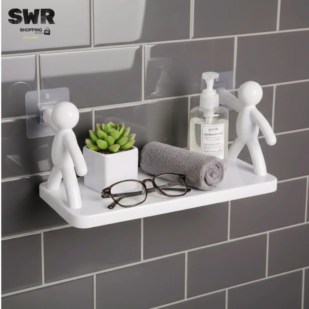 Wall Hanging Bathroom Storage Human Hook Rack Floating Wall Ledge Shelf for Home Office | Wall Mounted Bookshelf, Multipurpose Wooden Shelf with Decorative Hooks for Organising Towels, Toiletries & Books image 2