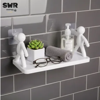 Wall Hanging Bathroom Storage Human Hook Rack Floating Wall Ledge Shelf for Home Office | Wall Mounted Bookshelf, Multipurpose Wooden Shelf with Decorative Hooks for Organising Towels, Toiletries & Books thumbnail 1