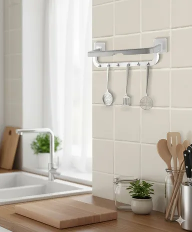 Kitchen Folding Towel Holder Magic Sticker Series Self‑Adhesive Wall Mount Multifunctional Towel Rack with Hooks for Kitchen Bathroom Wash Basin Space Saving Organizer thumbnail 2