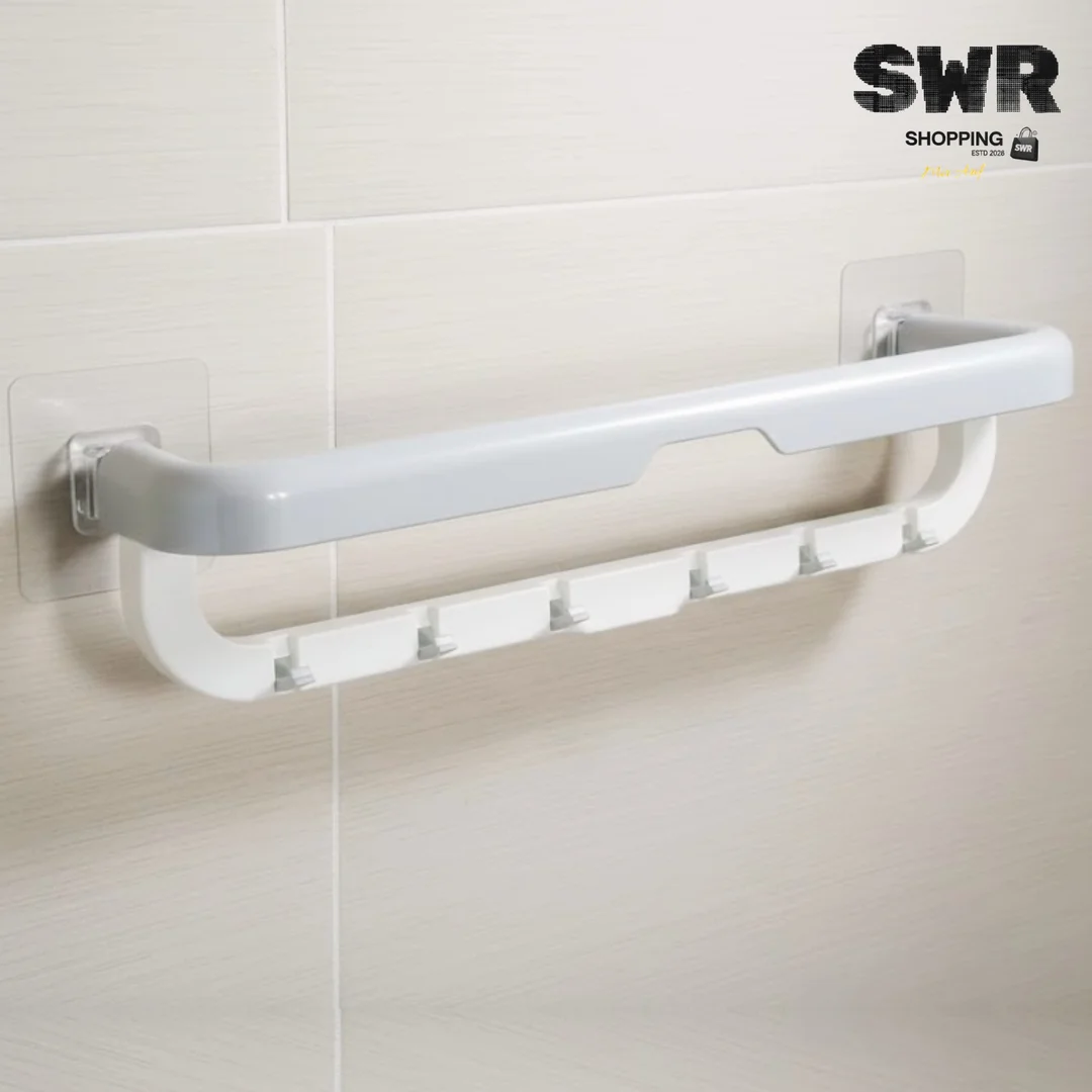 Kitchen Folding Towel Holder Magic Sticker Series Self‑Adhesive Wall Mount Multifunctional Towel Rack with Hooks for Kitchen Bathroom Wash Basin Space Saving Organizer image 1