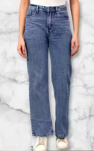 Women’s High Waist Wide Leg Blue Denim Jeans | Comfortable Casual Loose Fit Straight Cut Pants for Daily Wear, College, Office, and Outings Women’s High Waist Wide Leg Blue Denim Jeans 32 thumbnail 1
