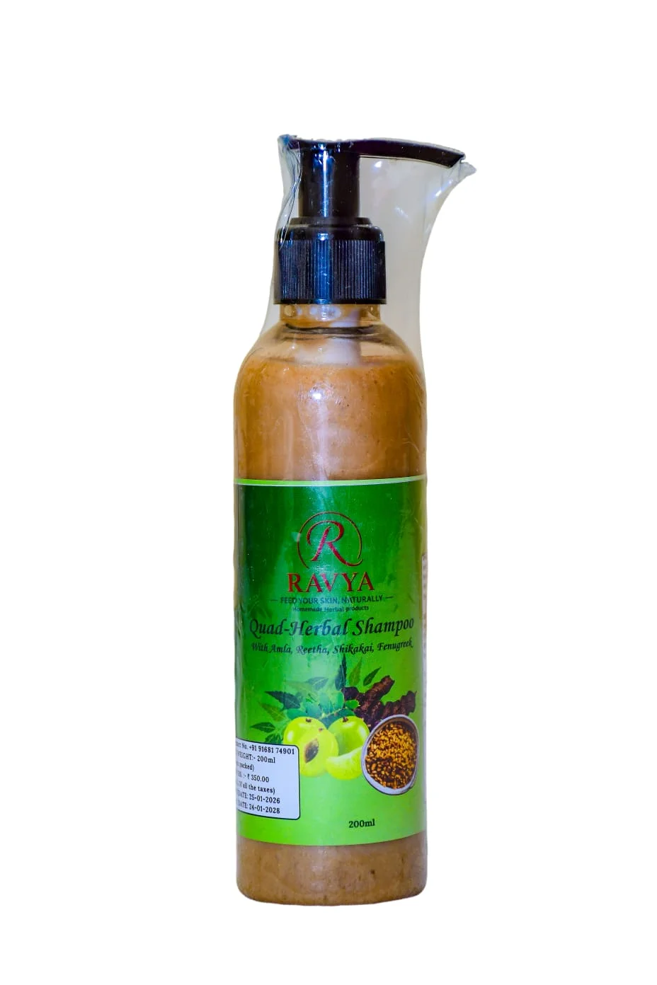 Ravya Quad-Herbal Shampoo with Amla, Reetha, Shikakai and Fenugreek for Hair Growth and Strength - 200ml Quad-Herbal Shampoo 160 ML image 1