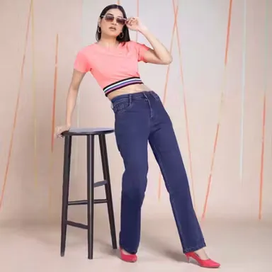 Women High Waisted Straight Leg Blue Denim Jeans Classic Fit Stretchable Casual Denim Pants for Women Girls Daily Wear Fashion Jeans Women High Waisted Straight Leg Blue Denim Jeans  28 thumbnail 0