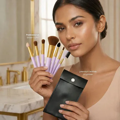 7-Piece Essential Professional Makeup Brush Set with Lavender Handles and Portable Black Faux Leather Storage Pouch thumbnail 1