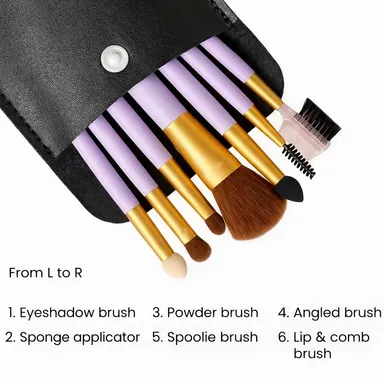 7-Piece Essential Professional Makeup Brush Set with Lavender Handles and Portable Black Faux Leather Storage Pouch thumbnail 3