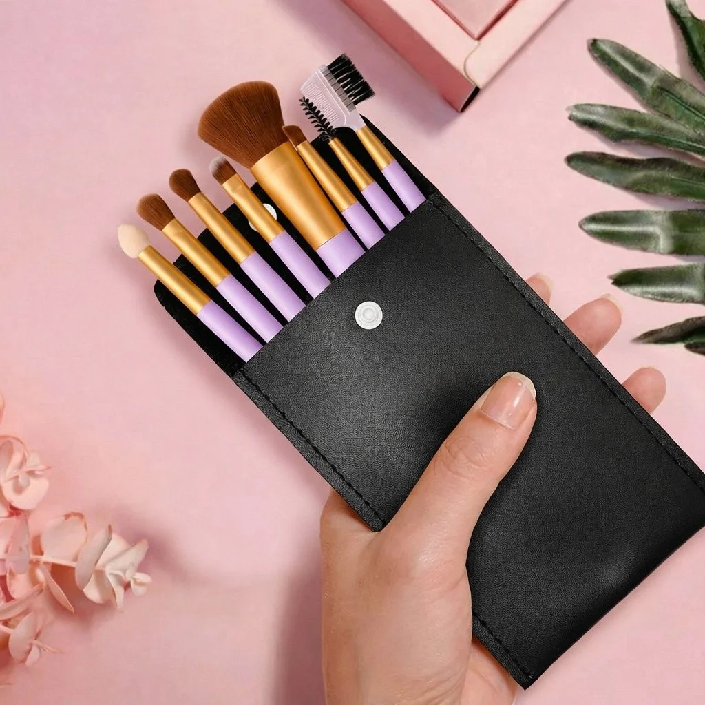 7-Piece Essential Professional Makeup Brush Set with Lavender Handles and Portable Black Faux Leather Storage Pouch image 5