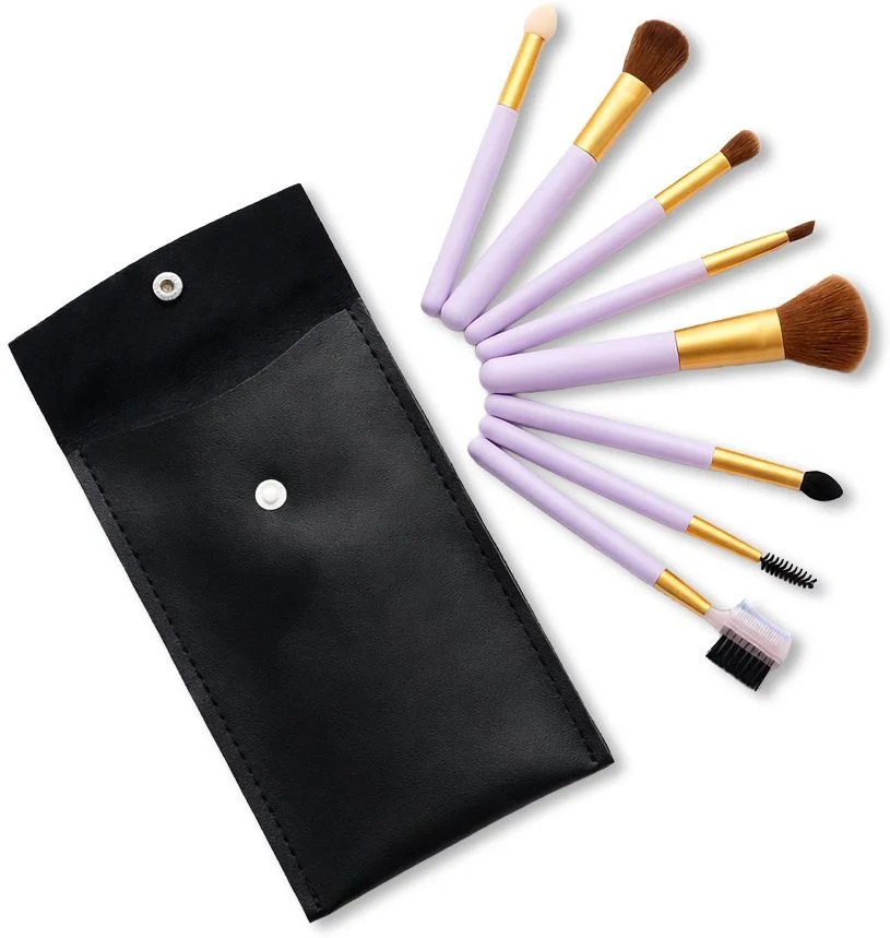 7-Piece Essential Professional Makeup Brush Set with Lavender Handles and Portable Black Faux Leather Storage Pouch image 1