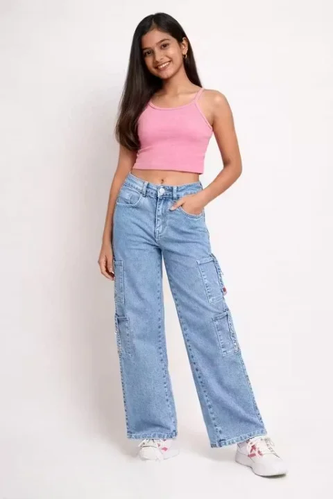 Women’s 8 Pocket Cargo Denim Jeans | High Waist Multi Pocket Utility Straight Fit Casual Street Style Jeans for Women & Girls Women’s 8 Pocket Cargo Denim Jeans 32 image 1