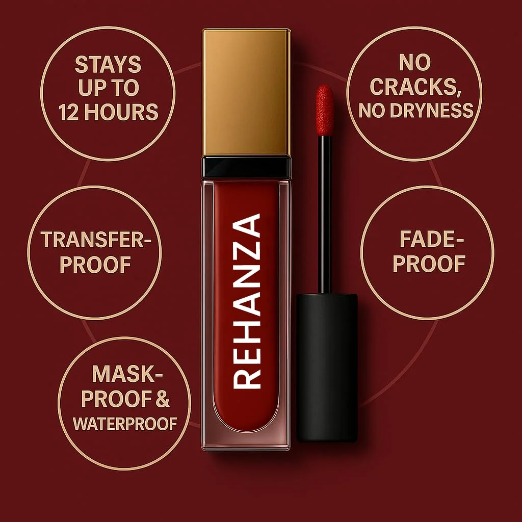 Rehanza Professional-Grade Long-Lasting Matte Liquid Lipstick | 12-Hour Waterproof and Transfer-Proof Formula, High-Definition Pigment for Precise Application, Classic Red (Set of 2, 6ml per bottle) image 4