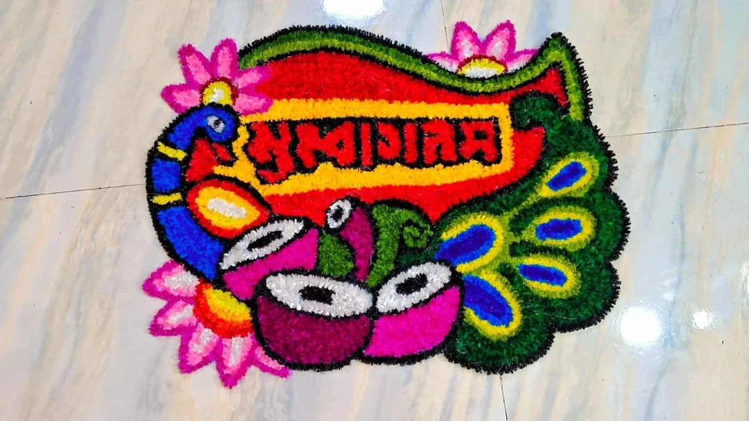 Peacock Welcome Handmade Woolen Rangoli Mat – Lightweight, Washable & Reusable (24x18 Inch) image 1
