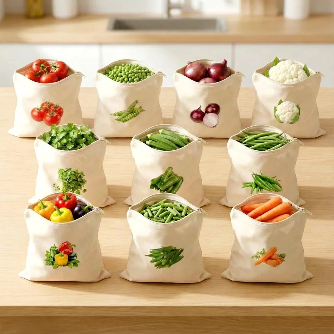 Reusable Cotton Mesh Vegetable Storage Bags Set for Kitchen, Eco Friendly Produce Bags for Fruits Vegetables Grocery Shopping Washable Breathable Drawstring Food Storage Organiser image 1