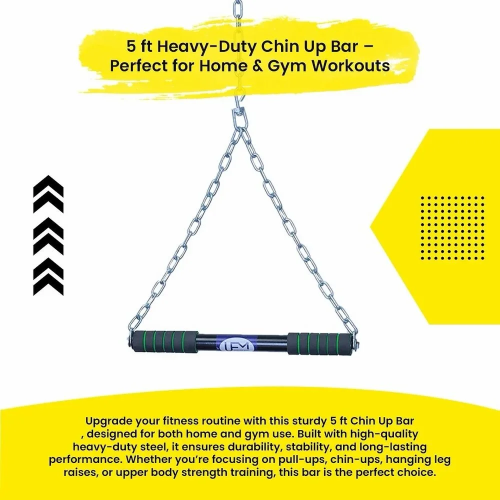 5 Ft Heavy Duty Steel Hanging Chin Up Bar with Thick Chain Mount Anti Slip Foam Grip Pull Up Bar for Home Gym Workout Upper Body Strength Training Fitness Equipment for Men Women image 1