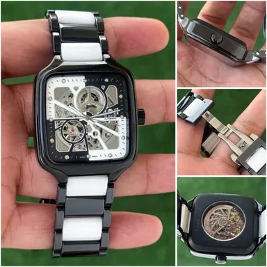 Luxury Skeleton Dial Automatic Mechanical Watch for Men with Stainless Steel Strap Square Case Transparent Movement Designer Wrist Watch for Men Premium Fashion Watch thumbnail 1
