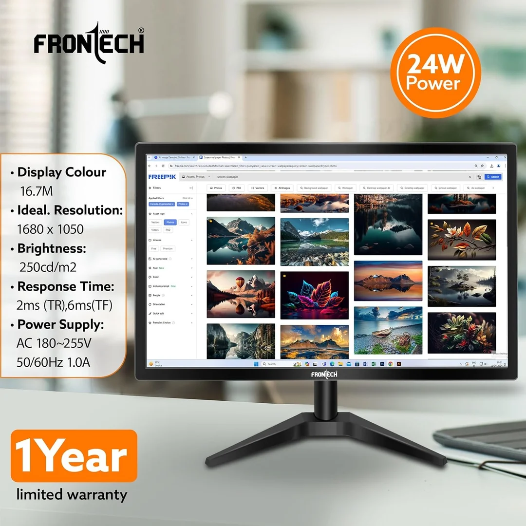 FRONTECH 22-inch, LED, HD 1680x1050, 60Hz, Black, Wall Mountable Slim & Stylish Design, 16.7M Colors, HDMI & VGA Ports, Built-in Power Supply Monitor (MON-0060) image 2