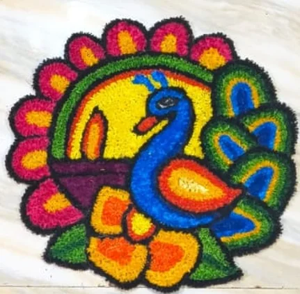 Peacock Handmade Woolen Rangoli Mat for Home Entrance – Lightweight, Washable & Reusable Festival Decoration image 1